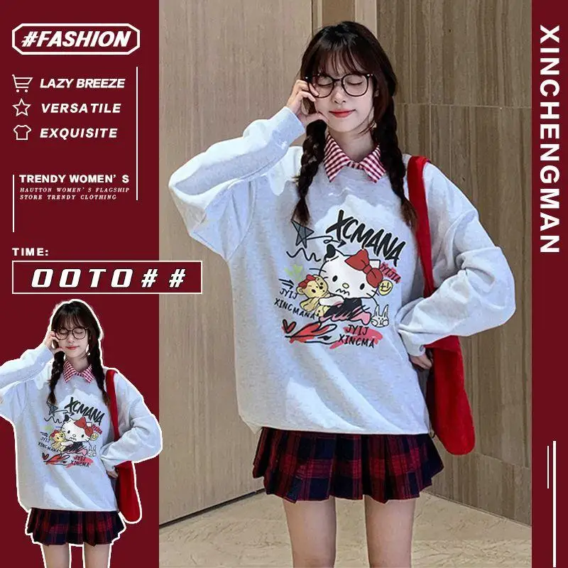 

Hot Kawaii Hello Kitty Round Neck Sweatshirt for Girls Cute Sanrio Printed Long Sleeves Loose Casual Versatile Tops Sports Coat