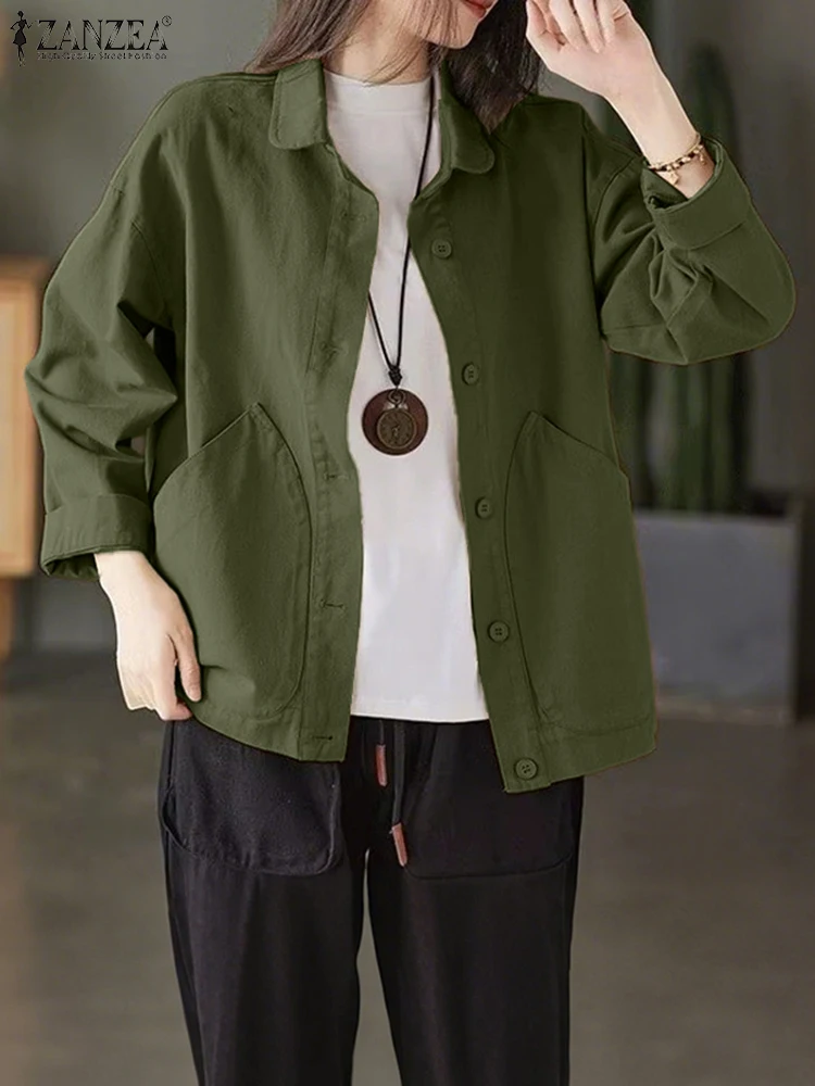 

ZANZEA 2025 Autumn Cardigan Vintage Women Shirts Lapel Neck Long Sleeve Blusas Button Up Shirt Causal Solid Loose Tops Thin Coat