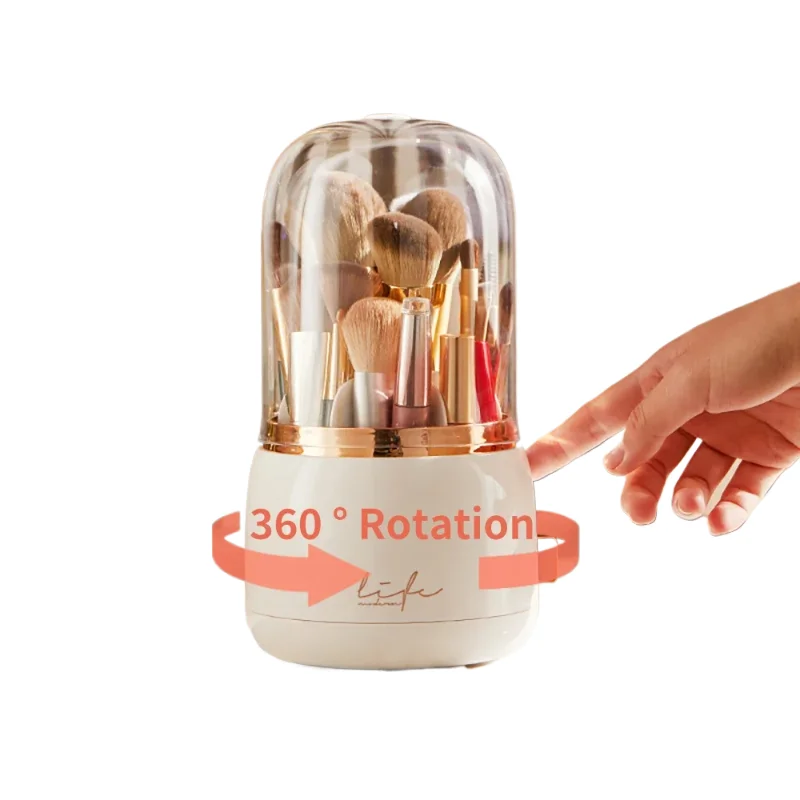 Makeup brush holder storage device with 360 degree rotation, dustproof makeup brush container, transparent acrylic cover, rotati