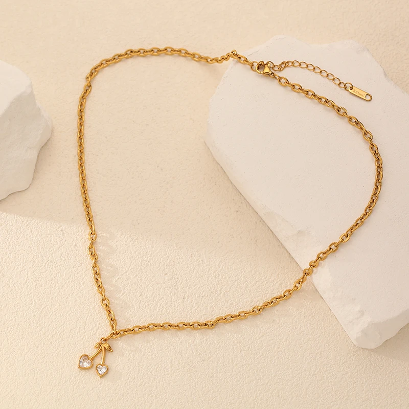 EILIECK 316L Edelstahl Herzförmige Kirsch-Zirkon Halskette Ohrringe Set für Damen Neuer Trendiger Wasserdichter Schmuck Damengeschenk – Detail 11