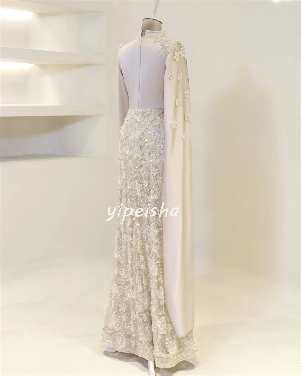 Customized Elegant Women Charmeuse Handmade Flower Beading Straight Evening Dresses Fashion High Collar Long Sleeves Party Gown