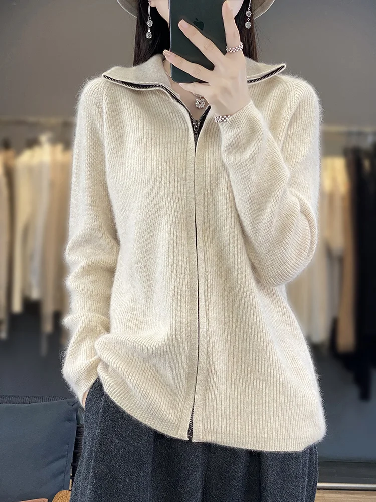 

Aliselect Women Zipper Cardigan 100% Mink Cashmere Sweater Long Sleeve Casual Loose Knitted Coat Korean Fashion Thick Tops