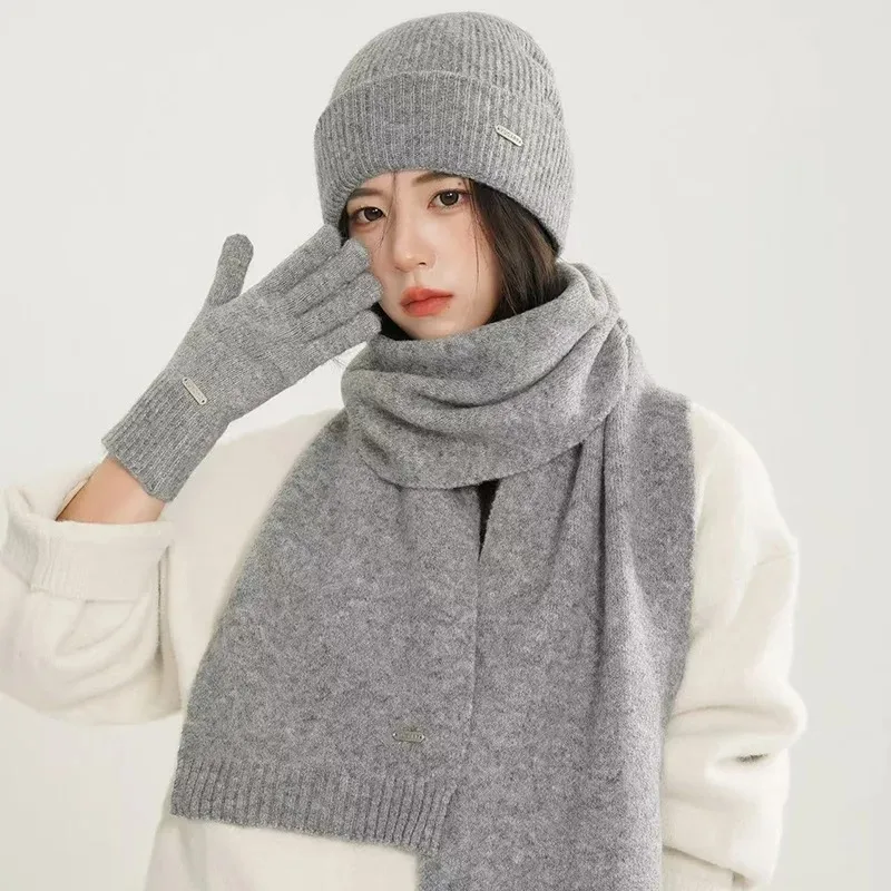 Conjunto de chapéu, cachecol e luvas de malha de cor sólida, chapéu multifuncional quente de outono e inverno, cachecol de casal casual à prova de vento