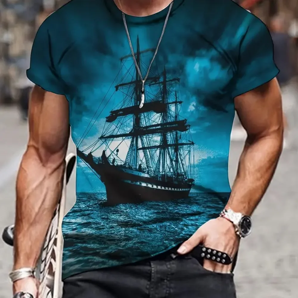 Vintage T-Shirts Men Spring Clothing Boat Graphic Apparel Streetwear Men\'s Clothing Casual Short Sleeve Tops For Male Shirt Tees