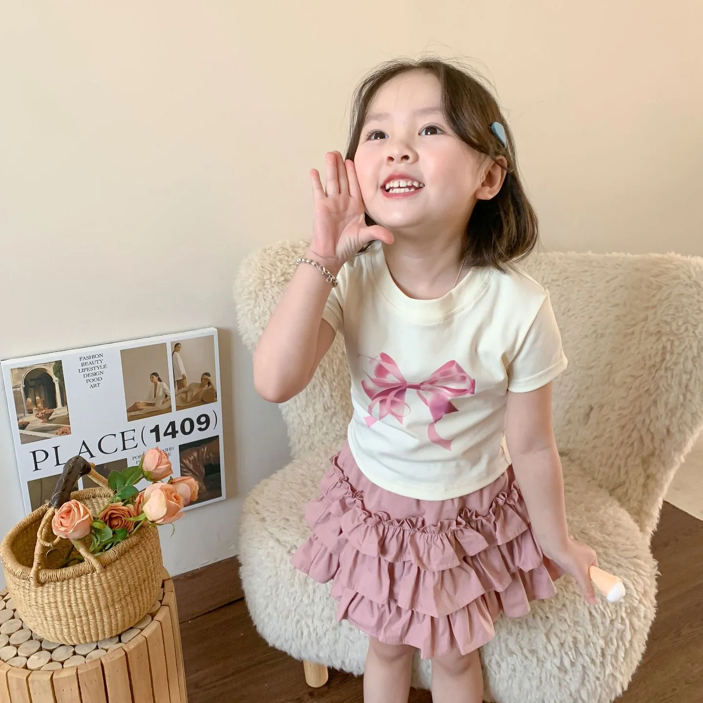 

Girl Clothes Suit Children Girls 2024 Summer New Korean Style Children Foreign Style Short-sleeved Top 2-piece Set Clothes