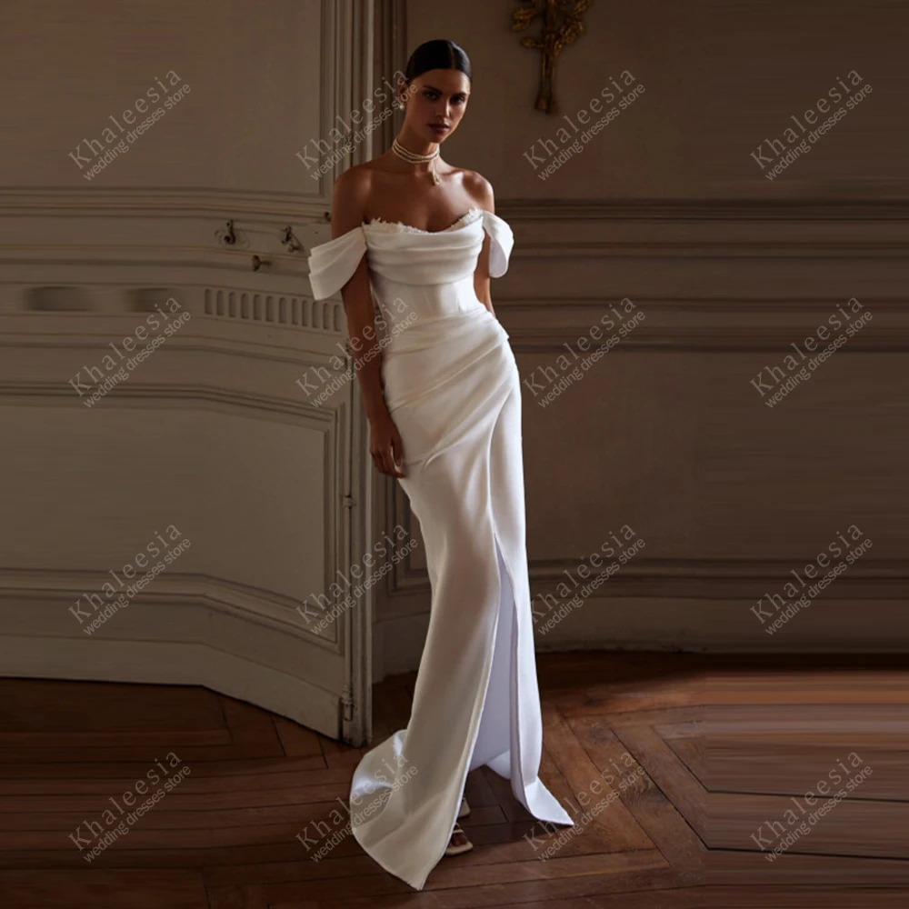 Einfache Brautkleider aus Satin, elegante Roben für formelle Partys, schulterfrei, hoher Schlitz, Vestidos de Novia, individuell gestaltet