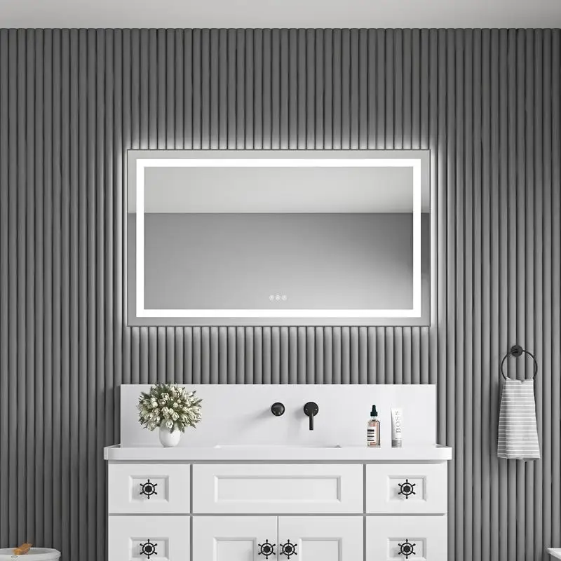 

48x28 Inch LED Bathroom Mirror, Wall-Mounted Vanity Mirror, Aluminum Frame, Anti-Fog, Memory, 3 Colors, Stepless Dimming