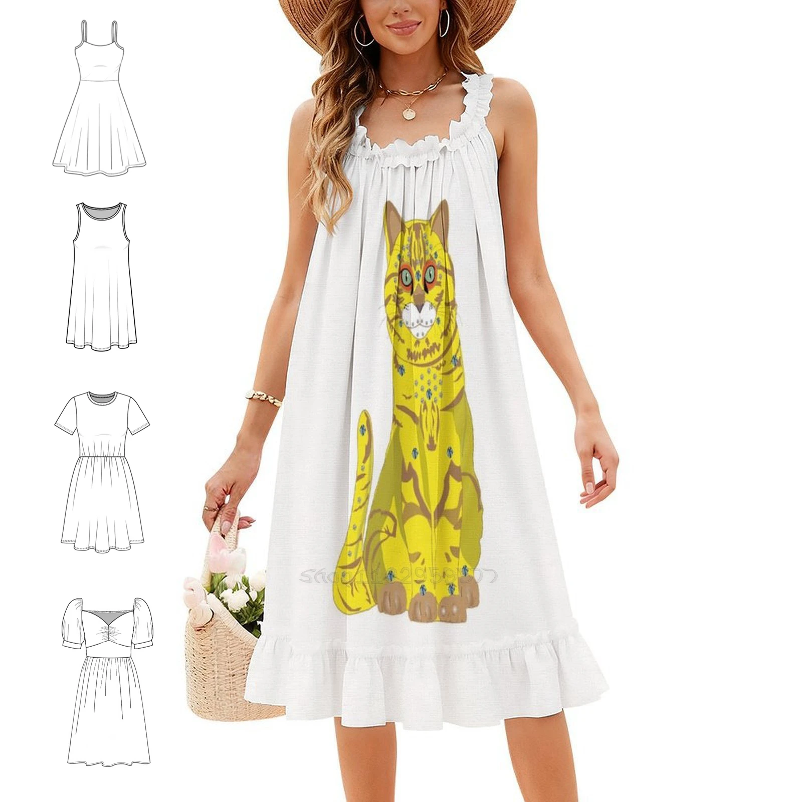 65 Mcmlxv Bejeweled Yellow Disco Cat Print Bohemian Sleeveless Dress For Women Print Beach Party Dresses Cat Cute Funny Cats