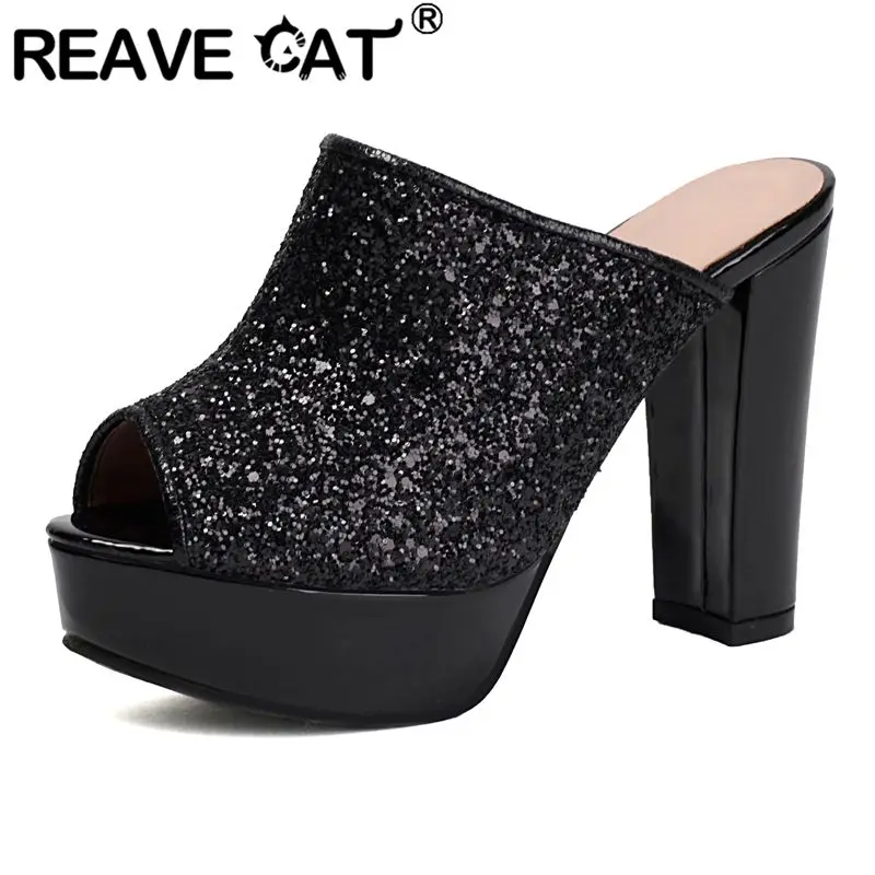 

REAVE CAT 2025 Bling Женские сандалии с открытым носком на блочном каблуке 11,5 см на платформе 2,5 см Слипоны Мюли размера плюс 43 44 45 Сексуальная повседневная обувь