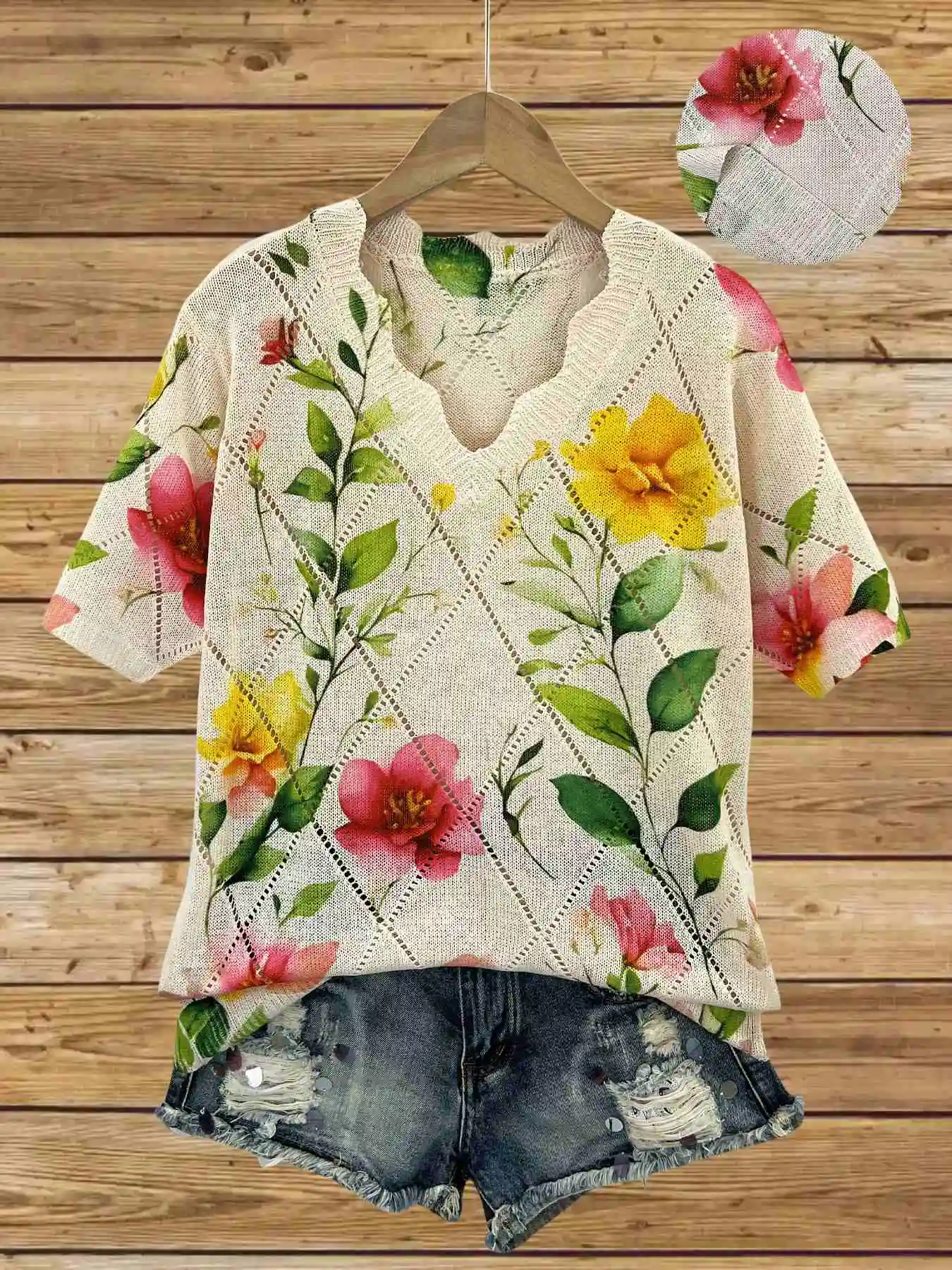 

Spring and summer fashion new style elegant and versatile V-neck short-sleeve lace-up women's top flower pattern flat digital pr
