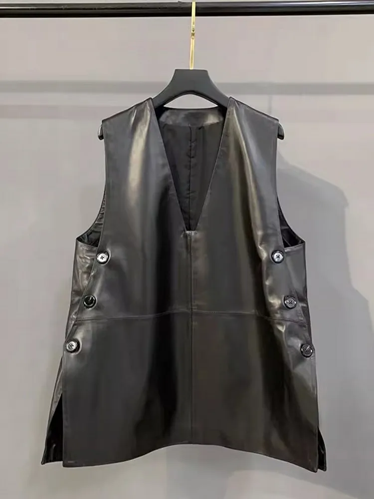 숙녀 정품 가죽 세련된 V 넥 드레스 오일 왁스 더블 브레스트 봄 가을 풀오버 패션 고품질 2025 탱크 드레스