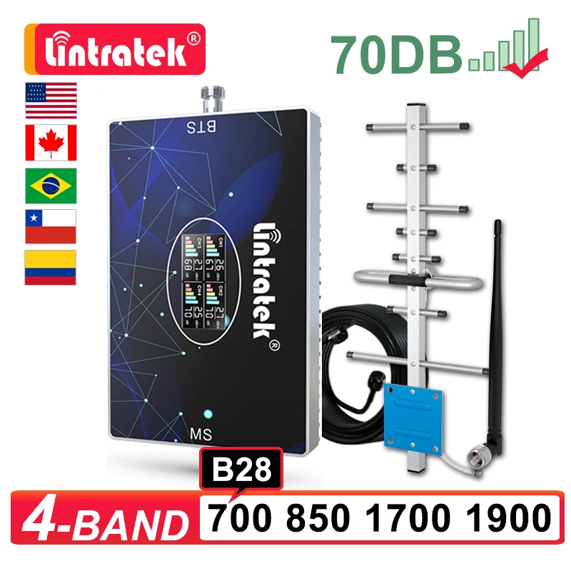 Lintratek 4-Band Cellular Amplifier 2G 3G 4G 850 1700 1900 700 MHz Signal Booster B28 B5 B2 B4 Mobile Phone Network Repeater