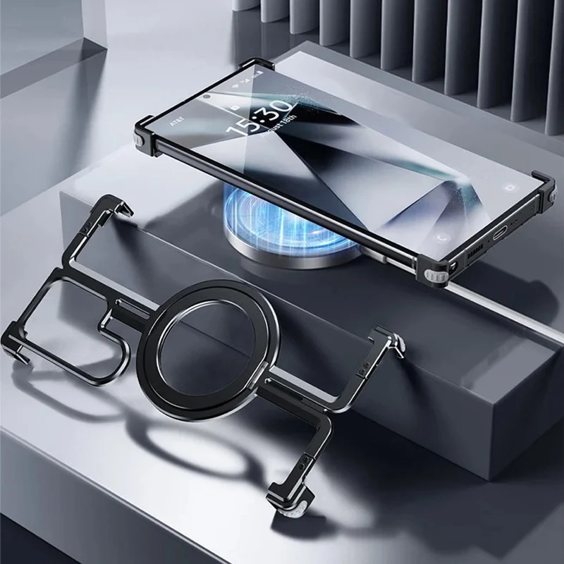 For Samsung Galaxy S24 Ultra S23 Ultra Titanium Case Aluminum Alloy Metal Bumper Magnetic Stand 360° Rotate Rimless Spider Cover
