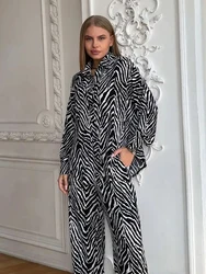 Hiloc Zebra Printing Pants Pajamas Sets Two Pieces Shirts And Pants Women Outfits Casual Wide Legs Pants Sleepwear Autumn 2024