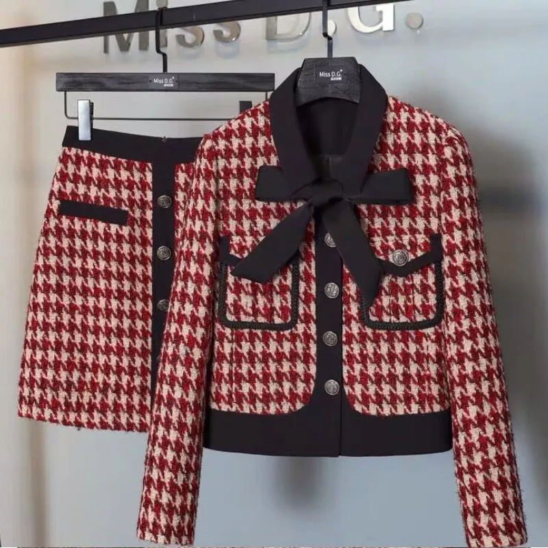 

Women Tweed Houndstooth Red Suit Jacket Coat Top And Skirt Two Piece Set Outfit Female Winter Jacquard Elegant Christmas Cloth