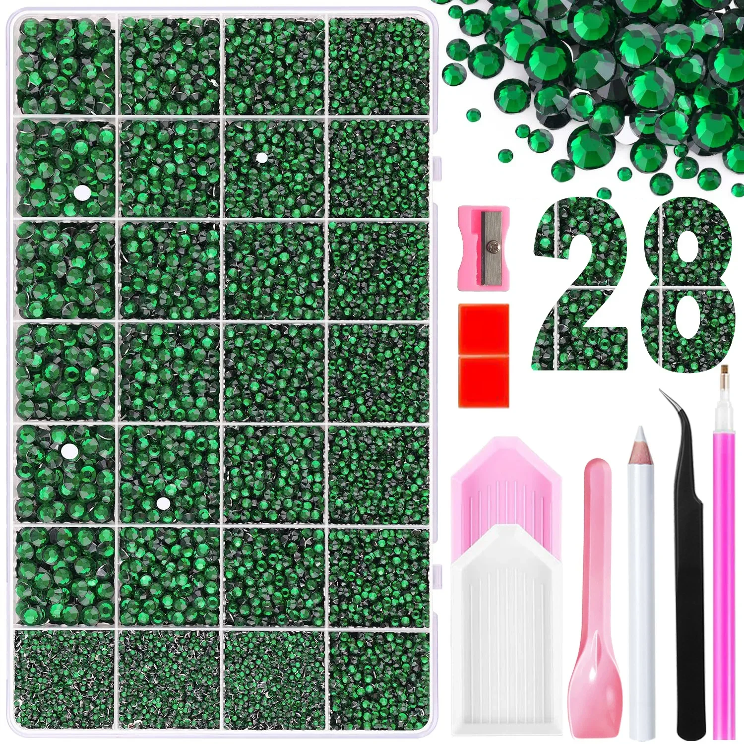 20000PCS Green Resin Flatback Rhinestones, Silvery Back 2-6mm Non Hotfix Craft Nail Gems with Pick Pen Tweezers Spoon Trays