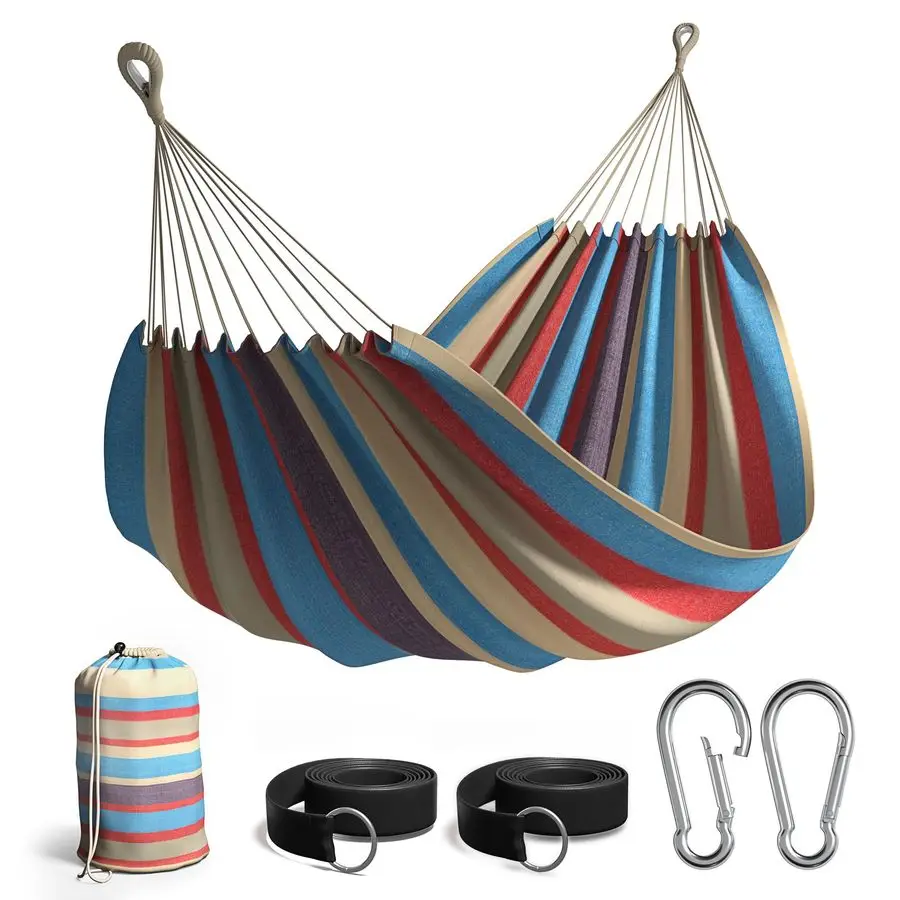 Brazilian Double Hammock ExtraLong Two Person Portable Hammock Bed for Indoor or Outdoor Spaces Hanging Rope, Carrying Pouch In