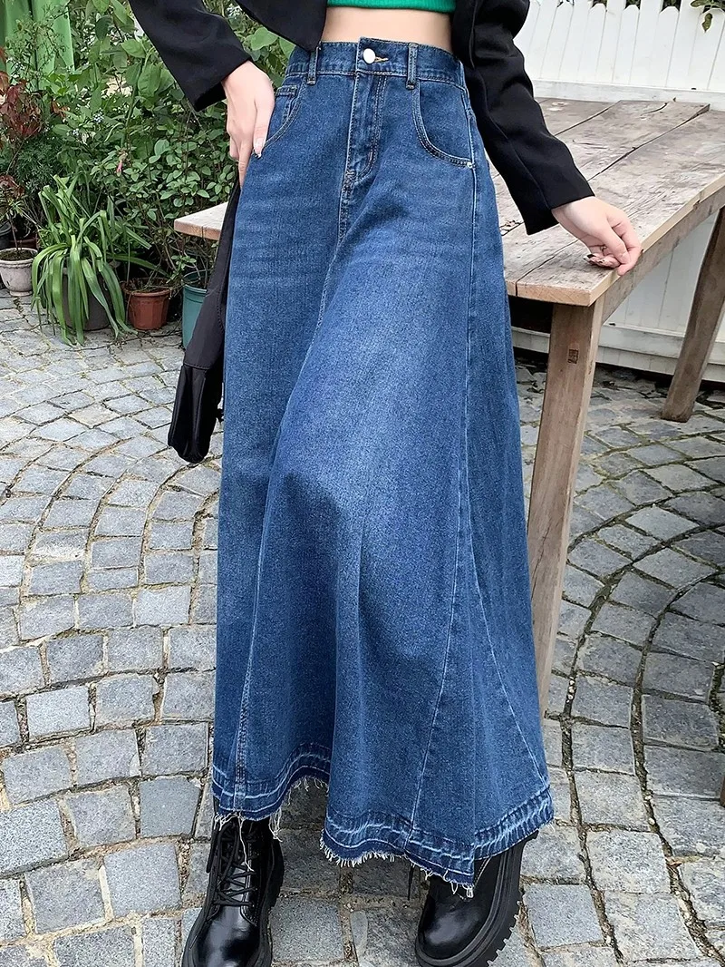 ZHISILAO New A-line Long Denim Skirt Women Vintage Casual Elastic Waist Jeans Skirt Summe 2023 Streetwear