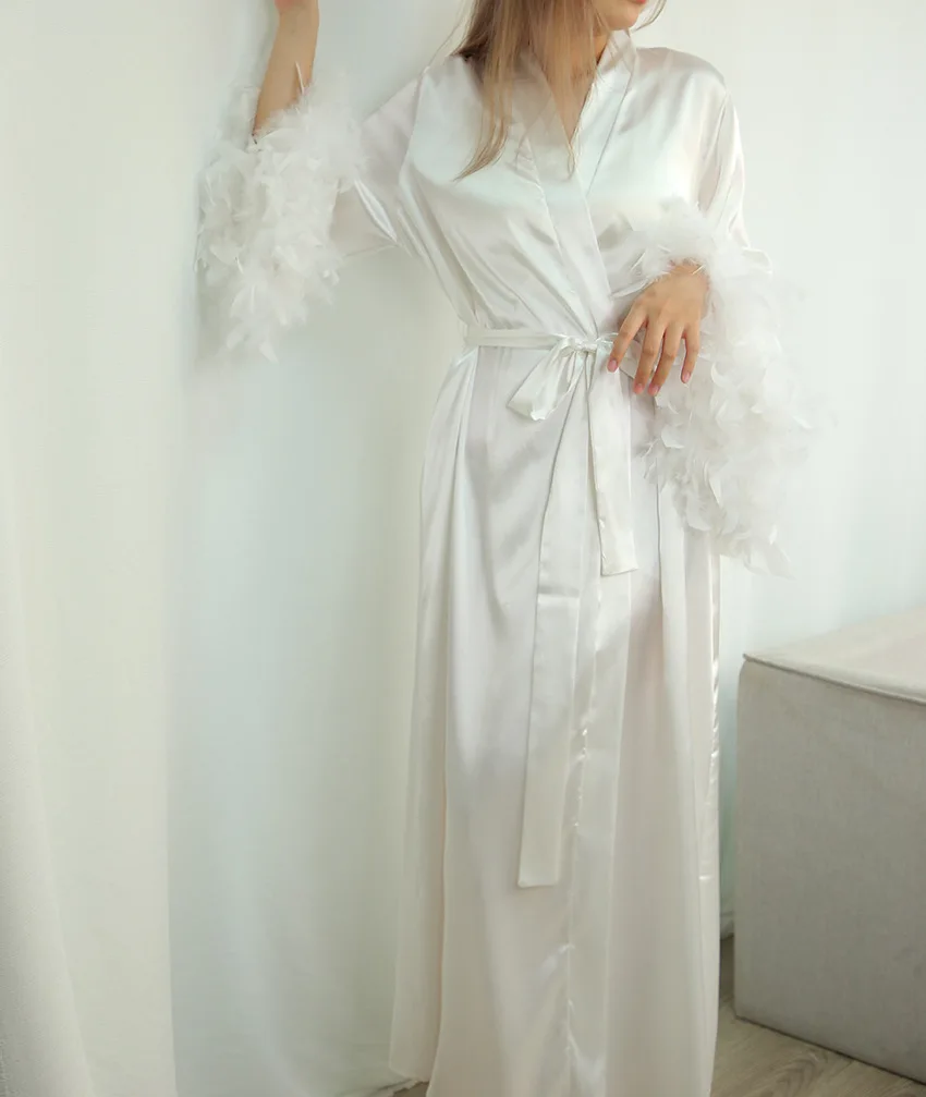 Kimono en plumes Blush, Robe Boudoir, Longueur au Sol, Robes Maxi IQUE Gown, Bride to Be Hen Party, InjLingerie