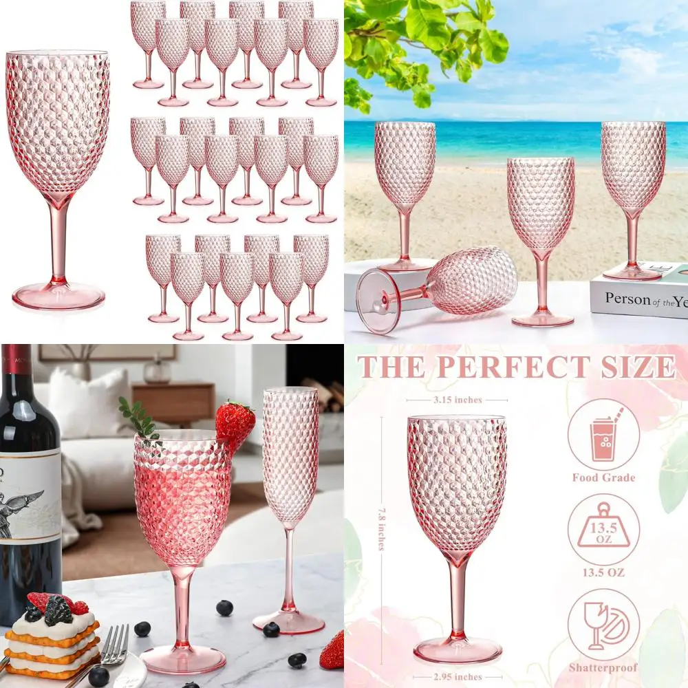 

24 Pack Pink Reusable Acrylic Wine Glasses 13.5oz for Weddings - Unbreakable Stemmed Goblets for Toasting