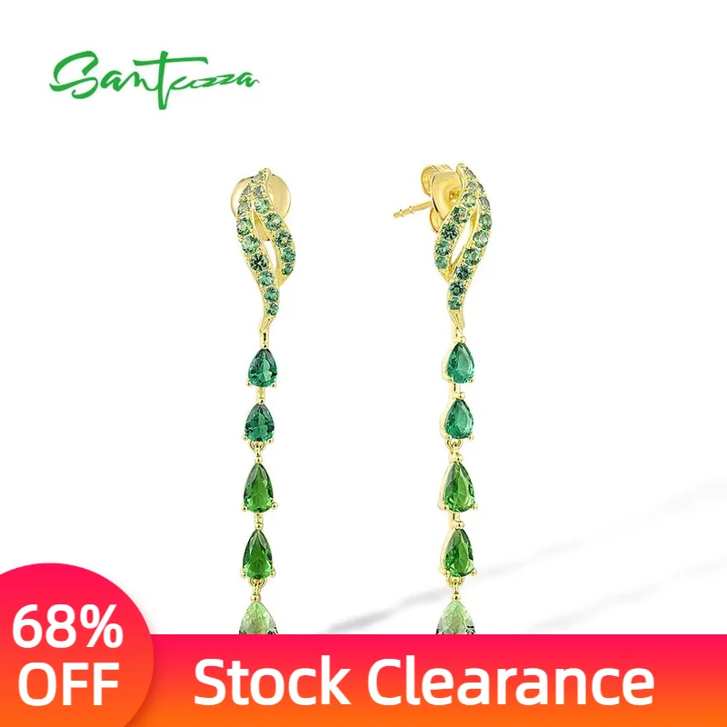

SANTUZZA 925 Sterling Silver Stud Dangling Earrings For Women Ombre Green Spinel And Glass Gold Color Fashion Fine Chic Jewelry