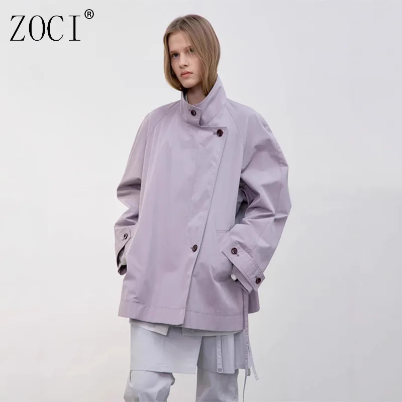

ZOCI Lace-up Women's Trench Jackets Solid Color High Collar Deconstruction Female Short Coats Windbreaker 2025 Autumn New Tops
