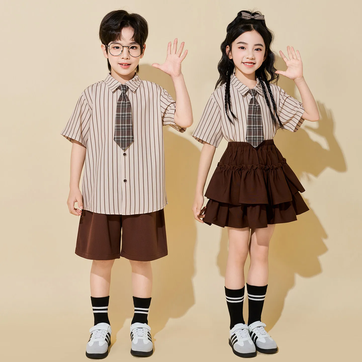

Kids Boy Girls Stage Fashion Show team Clothes Children Summer Short Sleeve stripe Shirt Shorts Skirts Sets Tracksuits
