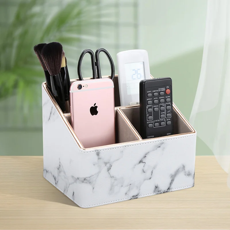 Multi-Functional 3 Compartments Wooden Storage Box Gold Edge Marble Faux Leather Desk Organizer Remote Controllers Holder Case