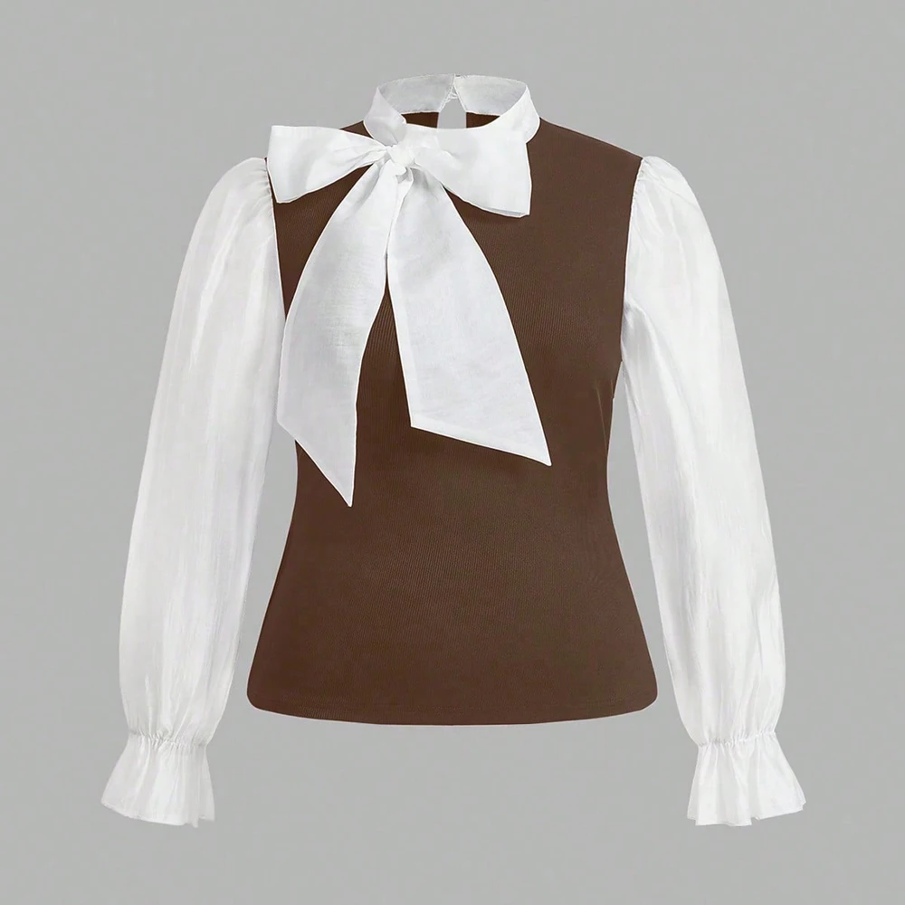 Plus Size Damen Elegant Kontrast Fliege Langarm A-Linie Büroarbeit Hemd Business Rosa Schwarz Braun Am besten für den Frühling – Detail 9