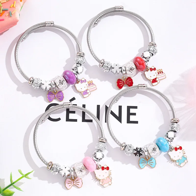 سوار أنيمي سانريو مرحبا كيتي ، قلادة من الفولاذ المقاوم للصدأ ، سحر قابل للتعديل ، حبات الكريستال ، هدية عيد ميلاد للفتيات