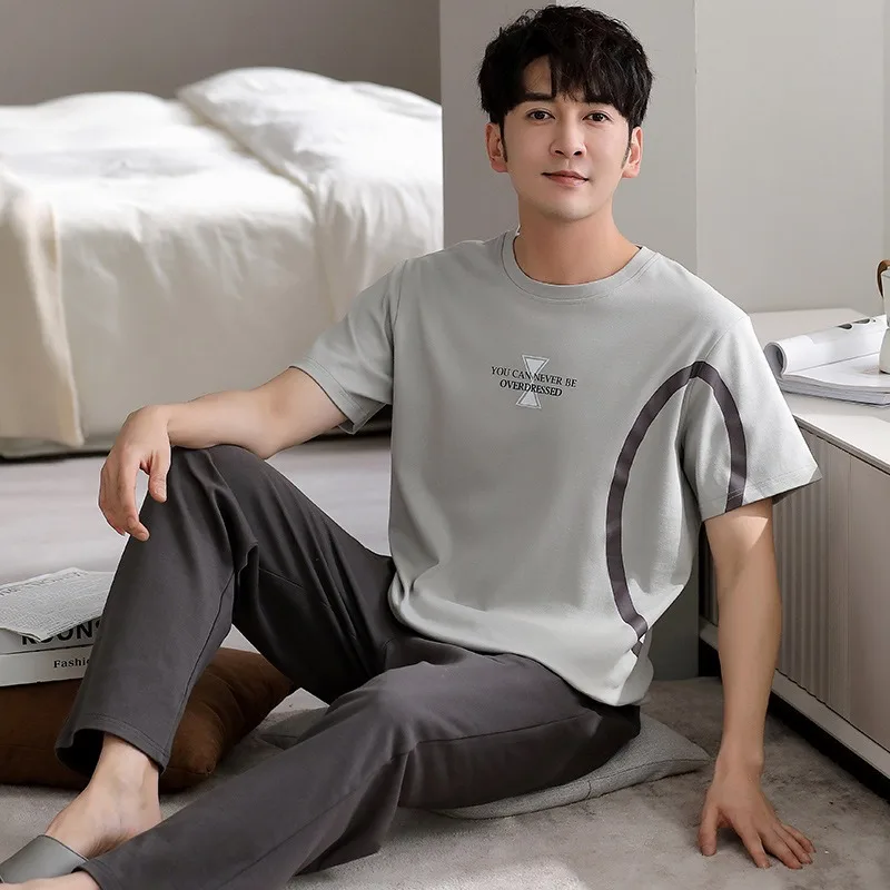 New Pajamas Suit Men Summer Pure Cotton Loose RoundNeck Thin Boy Loungewear Short-sleeved Two-piece Sleepwear Set Male Nighcloth