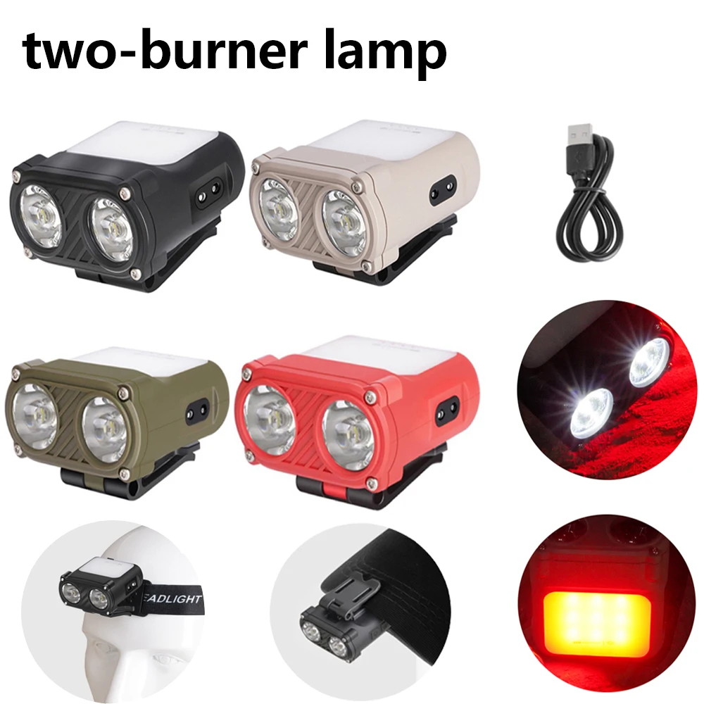 1/2Set Dual Beam Camping Head Lamp Type-C Charging Keychain Light LED 1200mAh Portable 500LM 5 Modes Waterproof for Outdoor