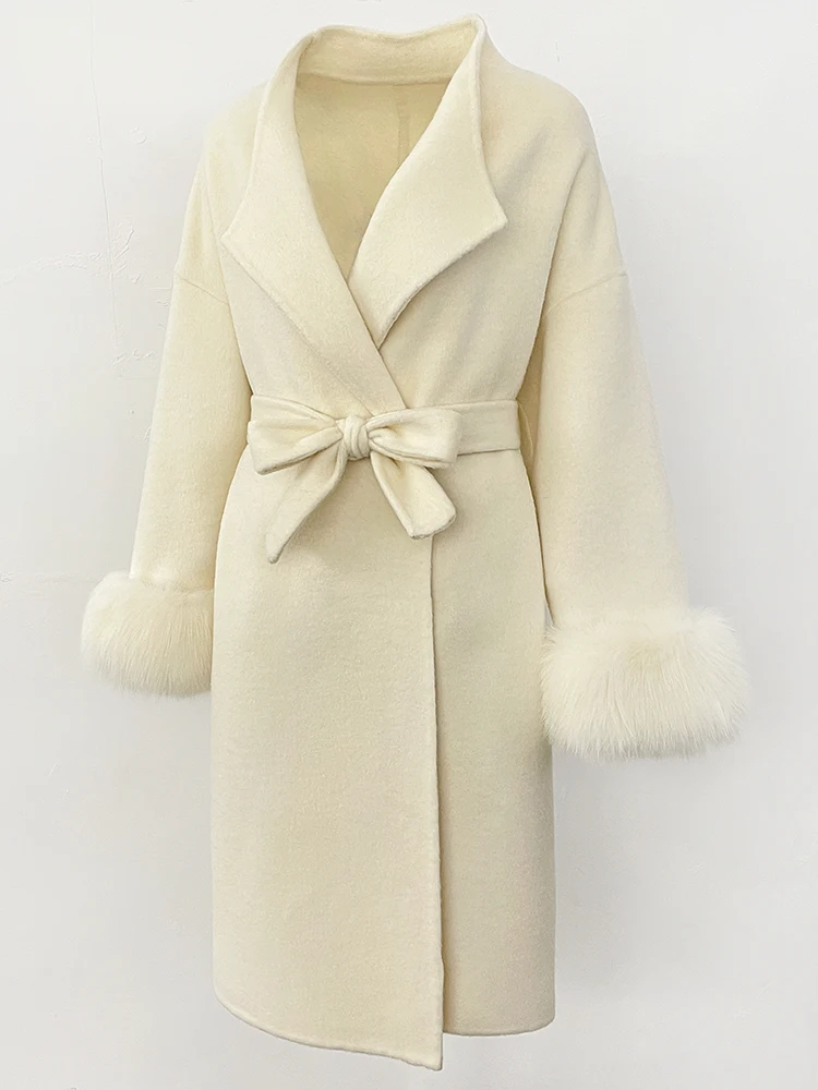 

Women Real Fox Fur Cuffs Cashmere Woolen Jacket Long 100% Wool Coat Female New Autumn Winter Warm Natural Fur Clothes