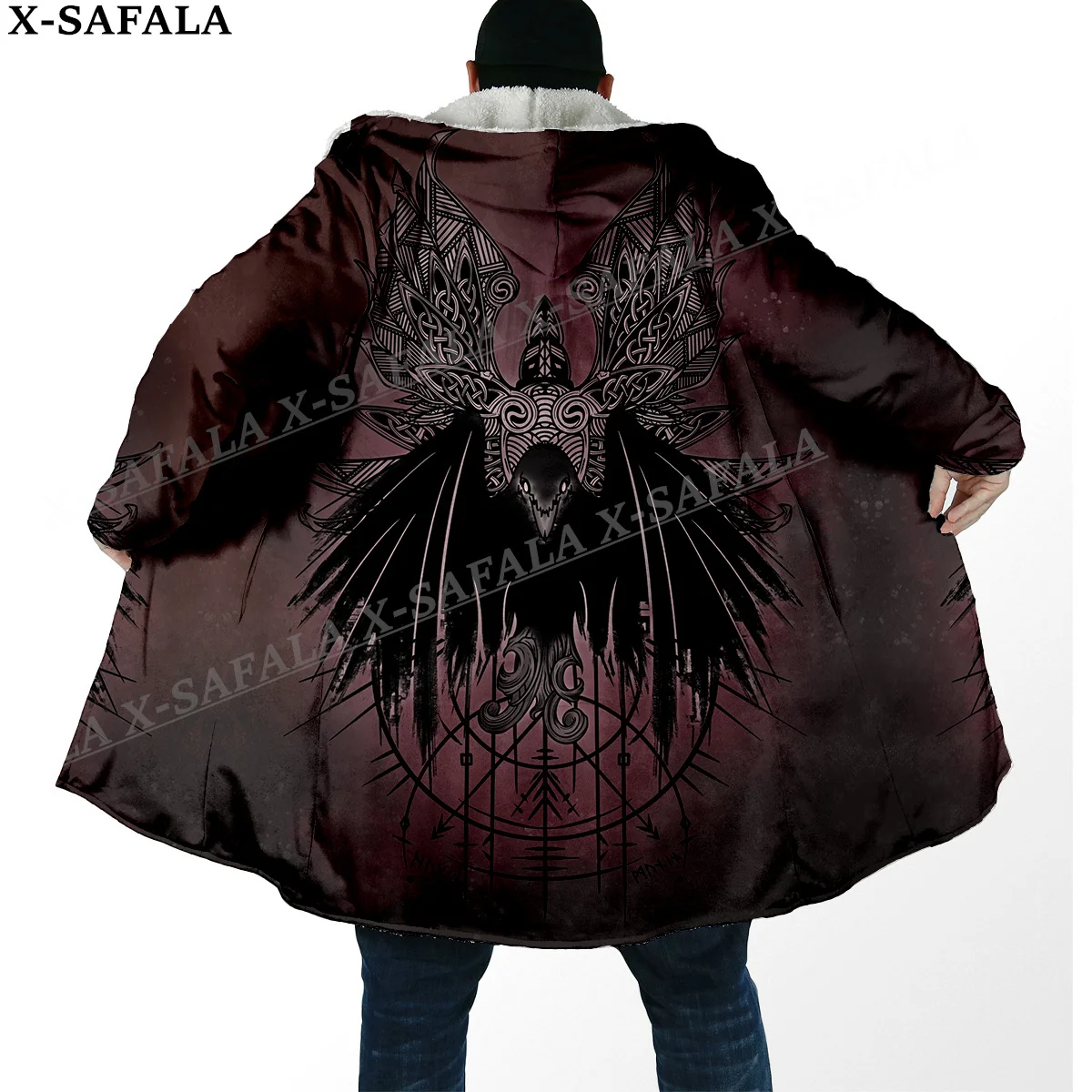 Raven Viking Tattoo Symbol 3D Print Thick Warm Hooded Cloak Men Overcoat Coat Windproof Fleece Cape Robe Hooded Blanket-4