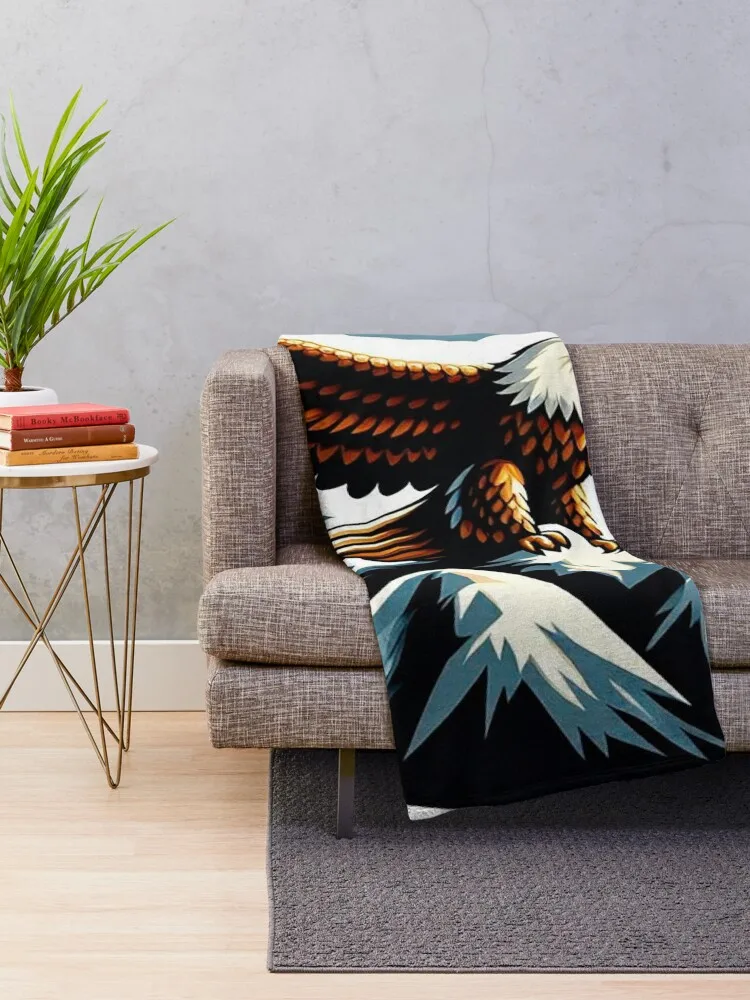 Majestic Eagle Perched on Snowy Mountain Peak with Wings Spread – A Bold Display of Strength and Grace Throw Blanket