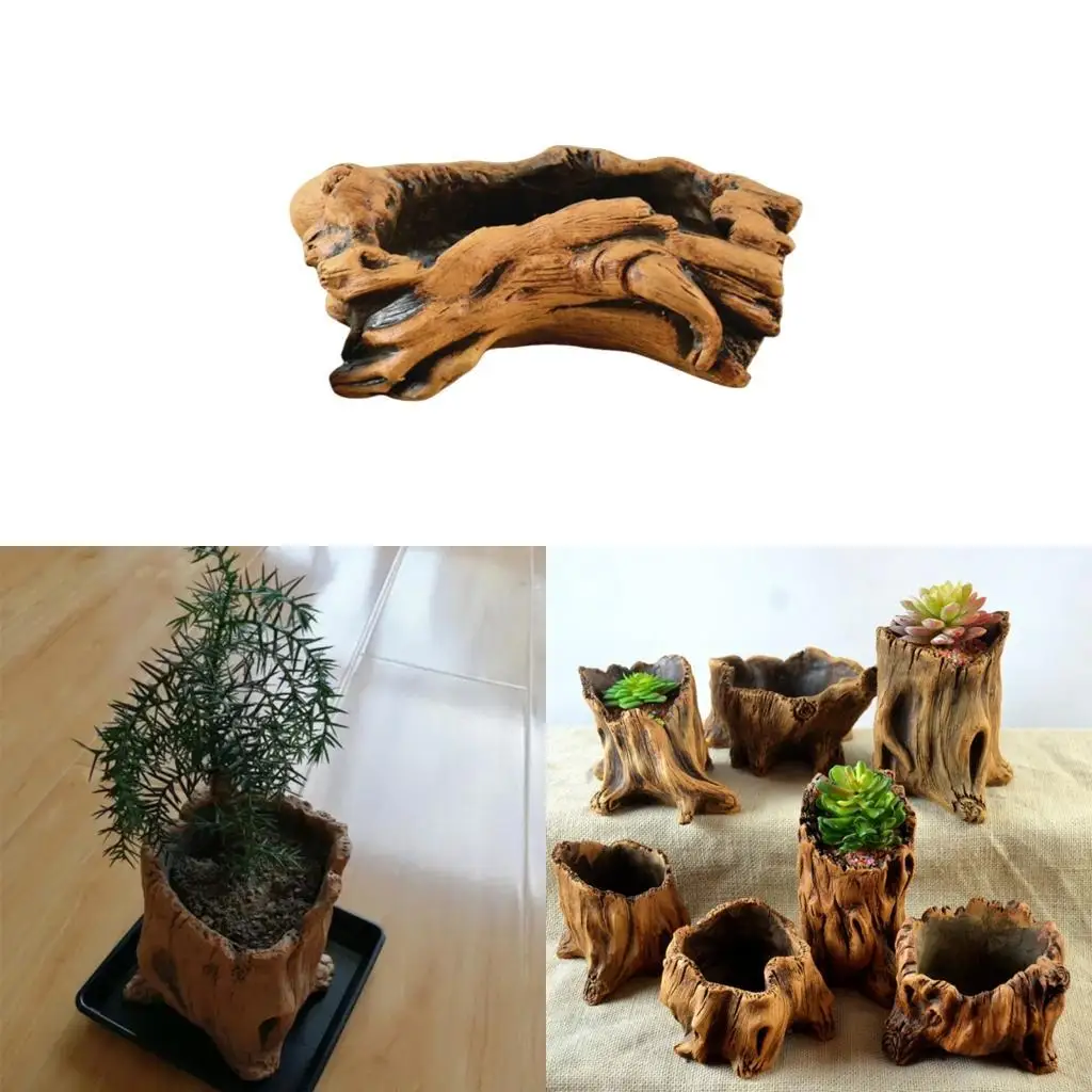 L43A Vintage Cement Planter with Imitation Tree Root Texture for Succulents Bonsais Garden Display Decorating Indoor Outdoor