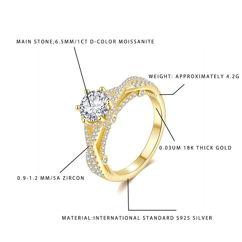

6.5MM 1CT D-Color Moissanite Ring S925 Silver 18K Thick Gold Plated 5A Zircon Women's Fashion Gift Ring 4.2G