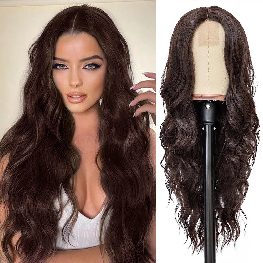 Brown long curly hair  women's synthetic fiber headband lace wigs