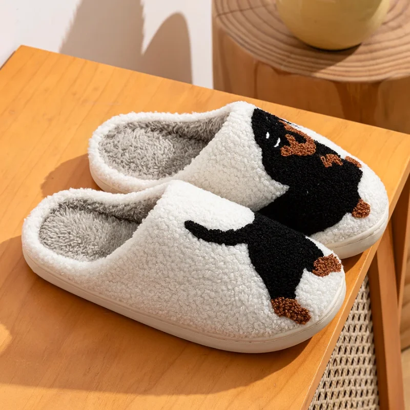 Winter Women's Slippers Cute and Interesting Cartoon Little Black Dog Indoor Warm Comfort Home Bedroom Soft Causal Plush Shoes view 2