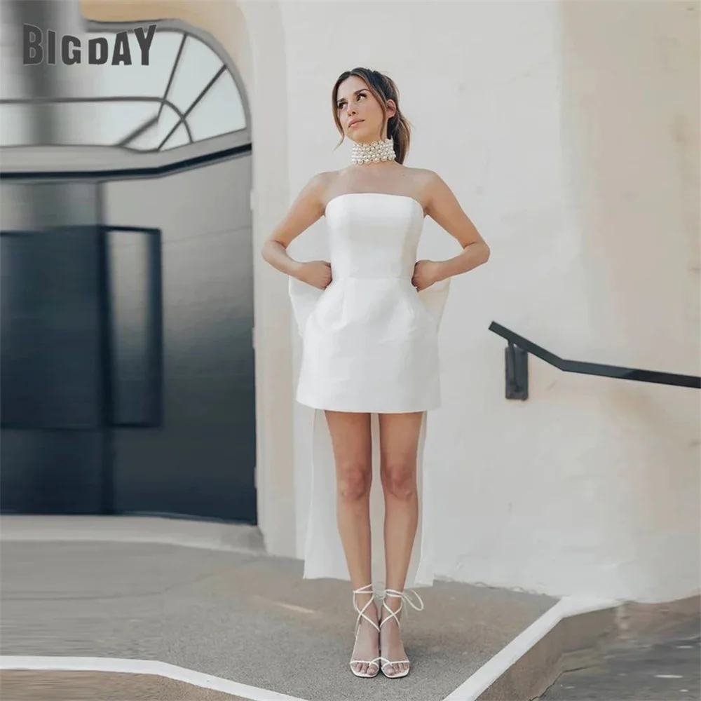 Vestido De novia corto sin tirantes para mujer, traje De satén con lazo, espalda abierta, plisado, elegante, por encima De la rodilla, 2024