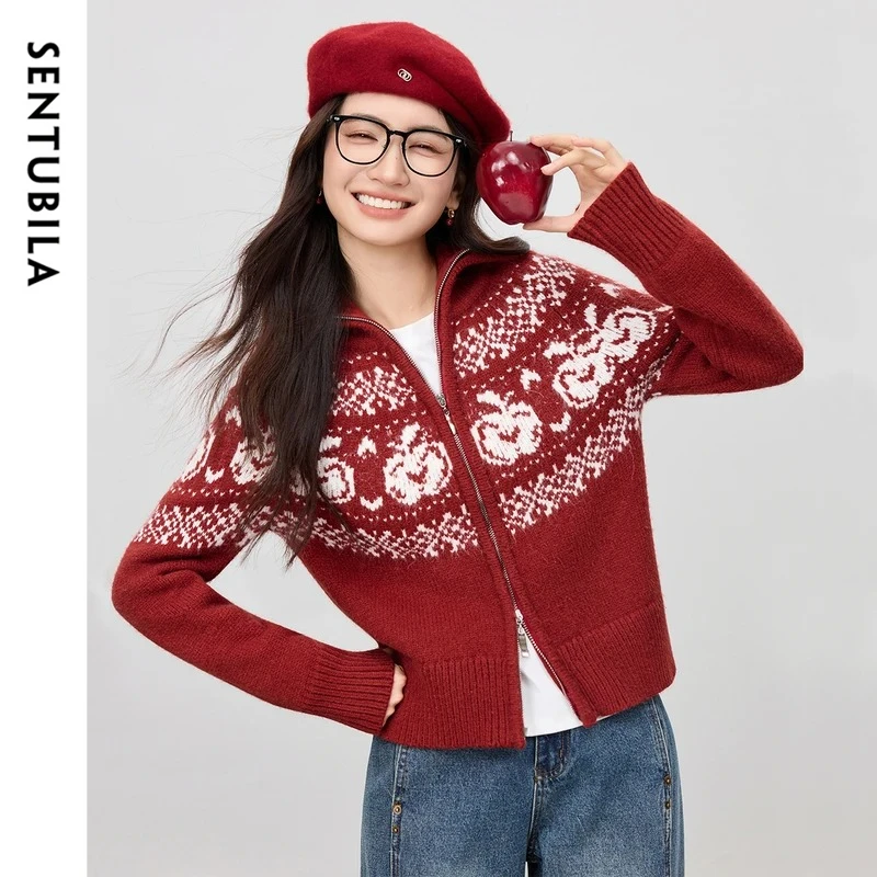 

SENTUBILA Women's Festival Red Knit Cardigan 2025 Fall Winter Fashion Jacquard Zipper Front Lapel Collar Loose Sweater W54EB4076