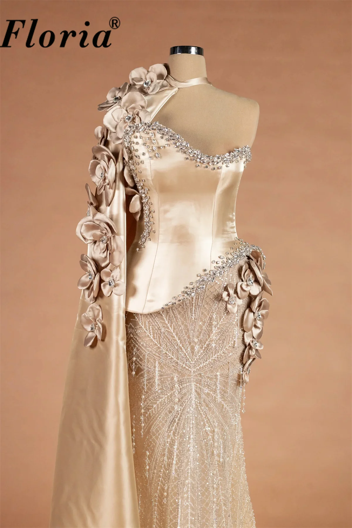 Champagne Arabic Luxury Evening Gown One Shoulder Satin Cape 3D Flowers Heavy Rhinestone Mermaid Formal Dress for Dubai Weddingi