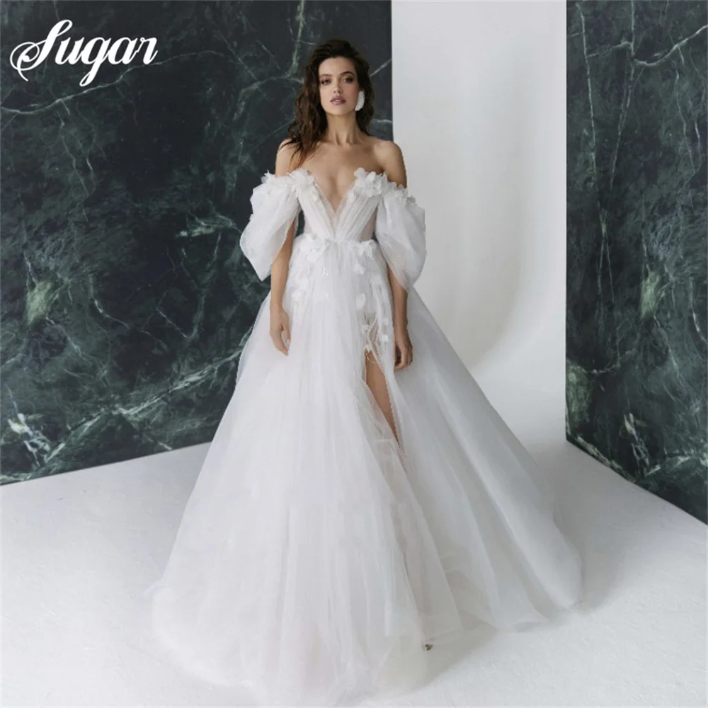 Princess Wedding Dress Off Shoulder 3D Flowers Puffy Sleeves Boho Wedding Gown Side Split White Ivory Bride Dress vestido novia