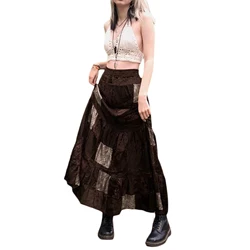 y2k Women Long Patchwork Skirt Brown Adults Vintage Elegant Flower Print Pleated Skirt