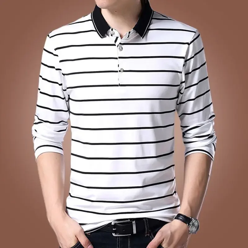 Elasticity Stripe Mens Polo Shirts Formal Male Sweatshirts Business Aesthetic Clothing Deals Bulk Korean Autumn Luxury Pullover