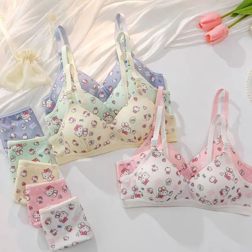 

Sanrio Hello Kitty Lingerie Kawaii Cartoon Girl Sexy Bra Wireless Push Up Lingerie Women's Sports Shock-Absorbing Bra Set Gift