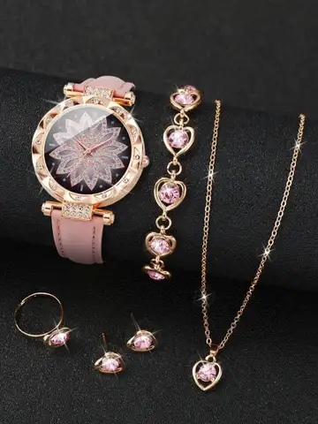 6PCS/Set Fashion Women Watches Luxury Rhinestone Leather Band Quartz Watch Jewelry Set（Without Box）