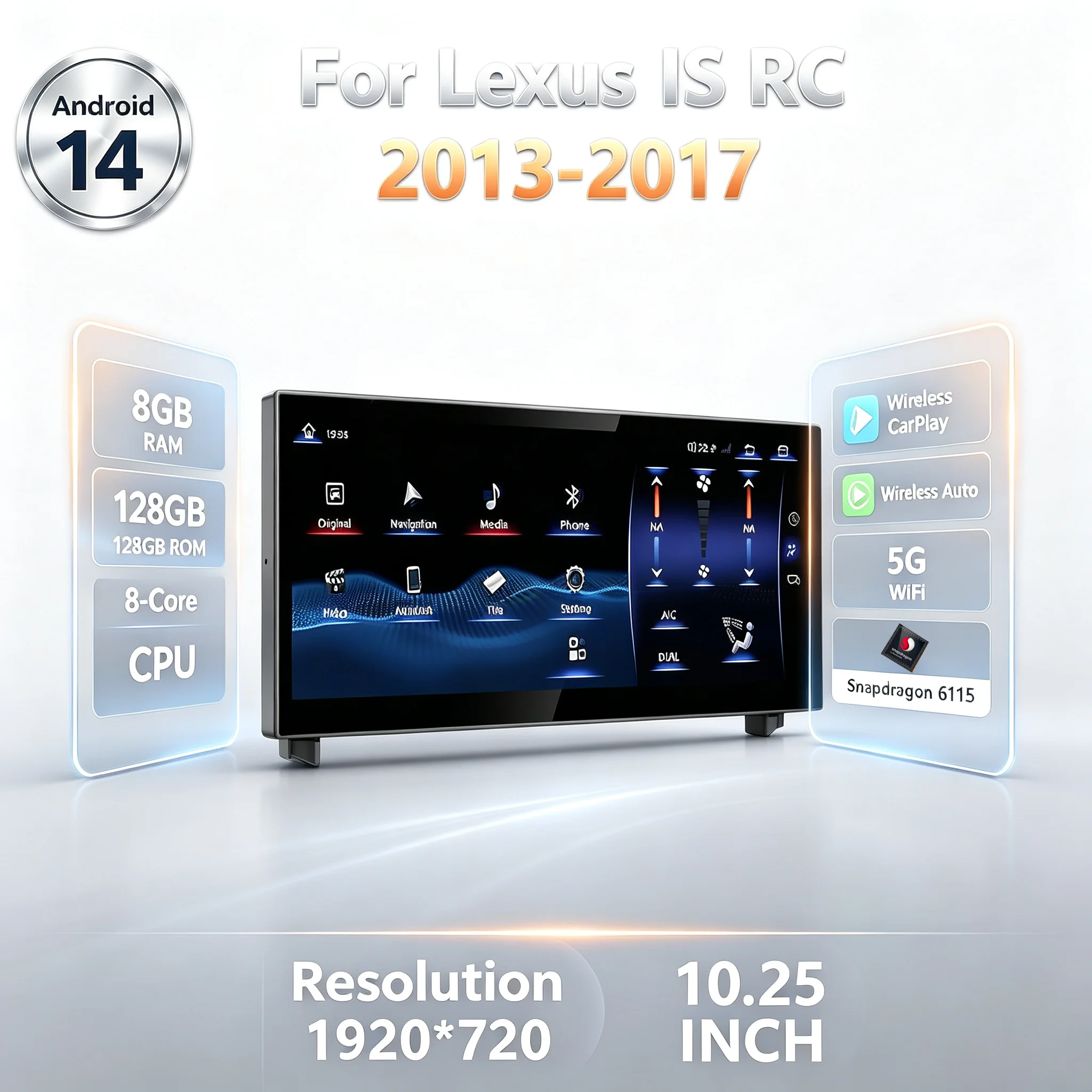 10.25 Inch Android 14 CarPlay media player for 2018-2021 Lexus IS RC, keeps the original car menu, with car radio 4G Bluetooth