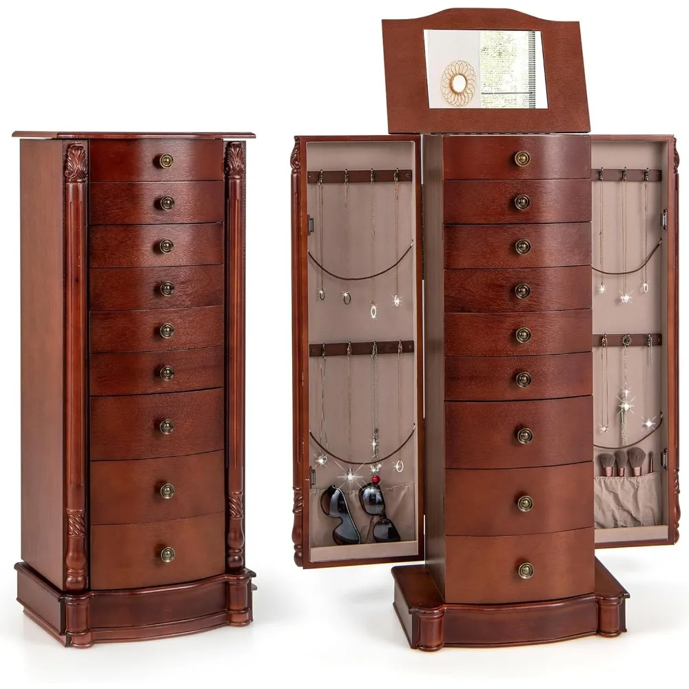 Standing Jewelry Armoire Cabinet, Jewelry Storage Organizer with Top Flip Mirror, 2 Side Doors, 8 Drawers, Jewelry Chest