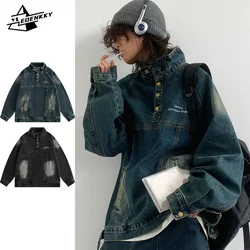 Vintage Street Denim Sweatshirt Men Women Distressed High Neck Loose Denim Jacket HipHop Casual Pullover Denim Coat Cargo Unisex